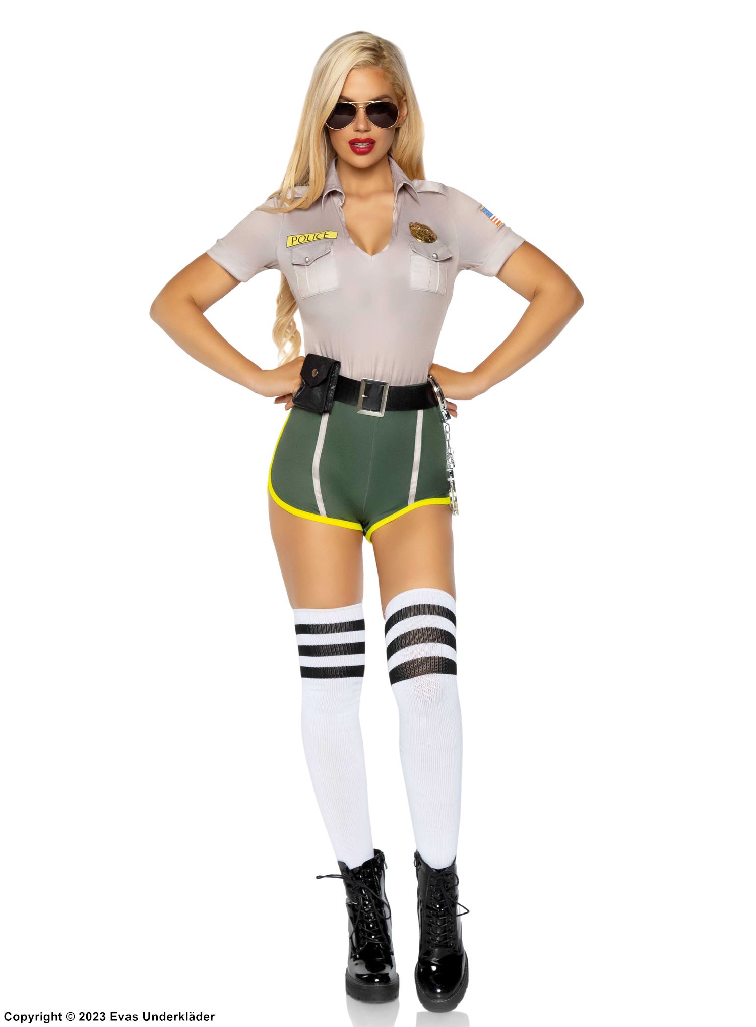 Female police officer, top and shorts costume, pockets, belt